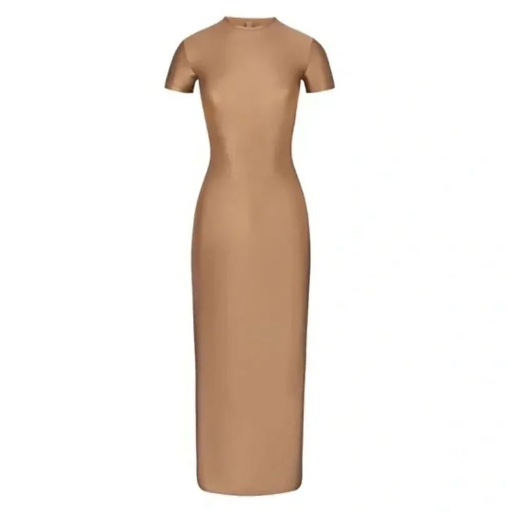 SKIMS Tan Shine Maxi Dress Size S/P Shiny Short Sleeve Tight Dress - NEVER WORN